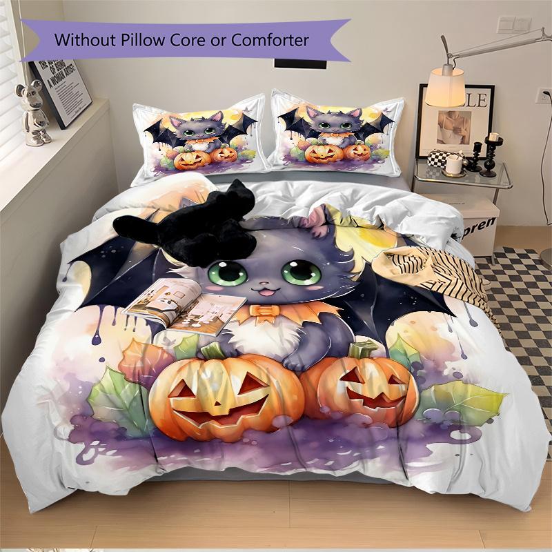 3pcs Lovely Halloween Bat Bedding Set - 1 Soft Quilt Cover + 2 Pillowcases, Machine Washable - Suitable for All Seasons, Perfect Gift for Family