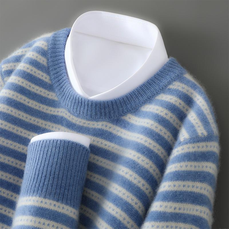 Men's 100% Pure Wool Striped Round Neck Sweater - Casual Cashmere Knitwear