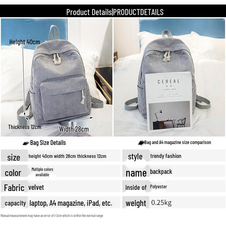Korean Harajuku Style Corduroy Backpack for Women - Junior High School & College Casual Shoulder Bag
