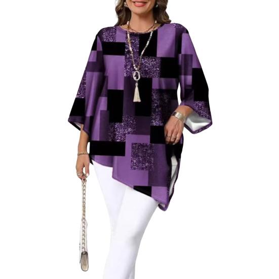

Women Tops Three-Quarter Sleeve Round Neck Abstract Print Tee Tops Loose Fit Irregular Hem Summer Leisure XXXXXL