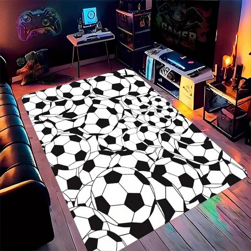 Flannel Printed Soccer Ball Rug Black White Pattern Sports Theme Decor Soft Floor Mat For Kids Room Bedroom And Game Play Area