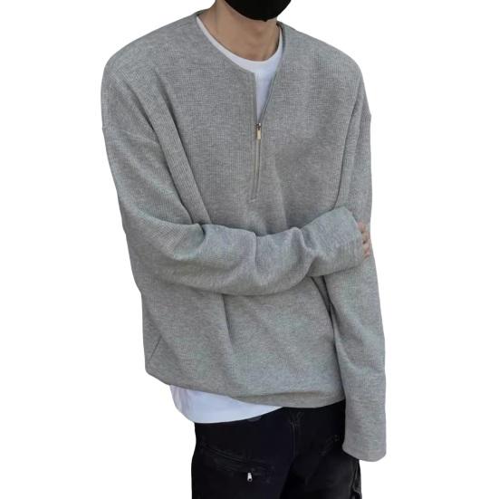 

Мужской осенне-весенний топ с круглым вырезом, свободный, чистый цвет, вафельная текстура, половина L светло-серый