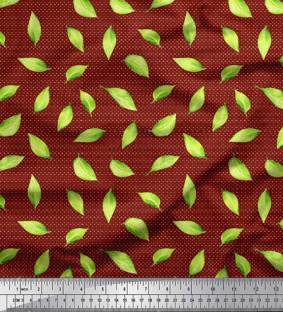Soimoi Red Poly Crepe Fabric Hosta Leaves Print Fabric by the metre 42 Inch