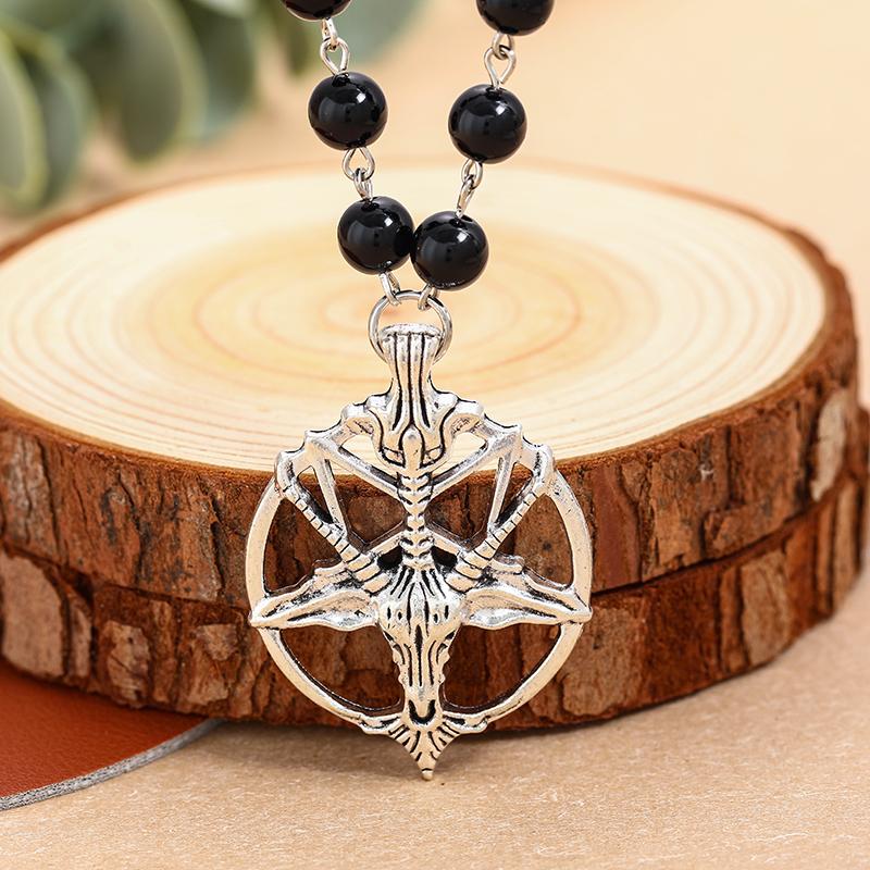 Gothic Black Agate Choke Ring and Baphomet Pendant Antique Pentagram Skull Round Goat Head Necklace Devil Pan God Necklace