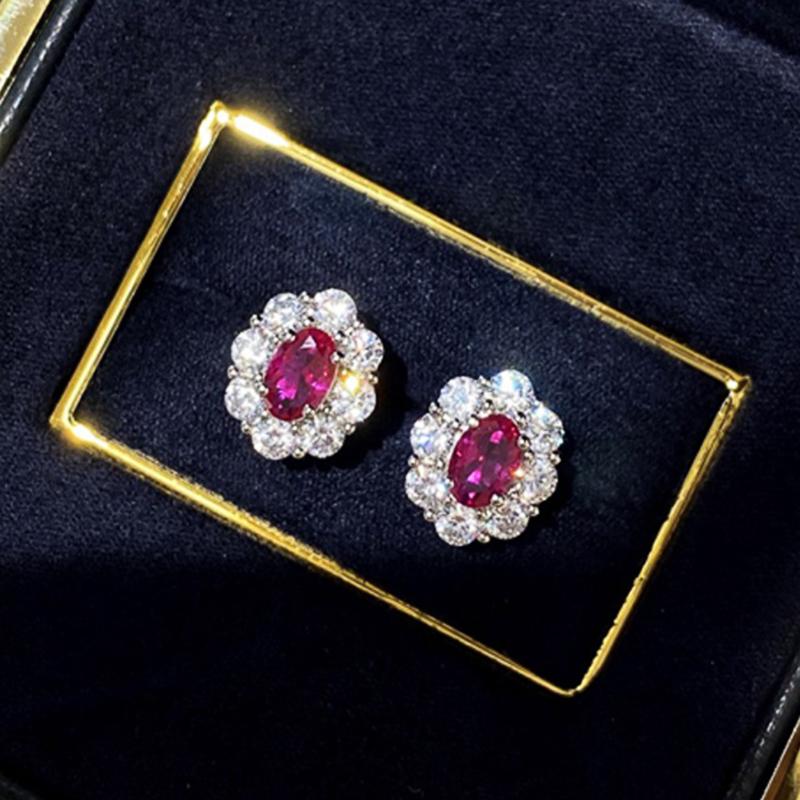 Huitan Oval Red Cubic Zirconia Stud Earrings Women Gorgeous Ear Accessories for Wedding Engagement Temperament Lady's Jewelry