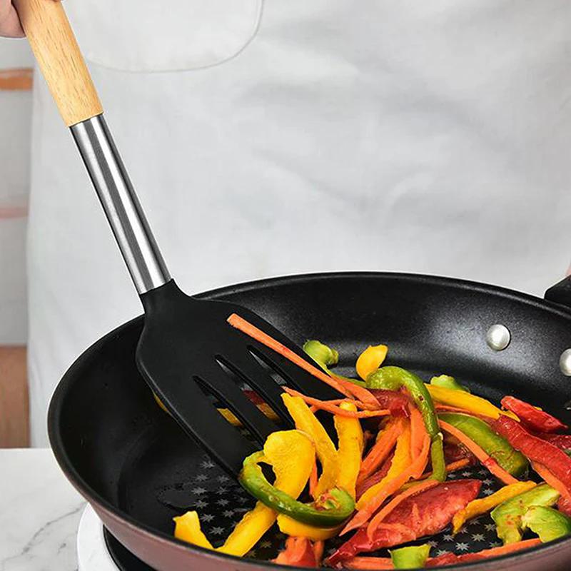 Silicone Kitchenware Non-Stick Heat-resistant Cookware Kitchen Utensils Set Spatula Shovel Spoon Wooden Handle Cooking Tool Set