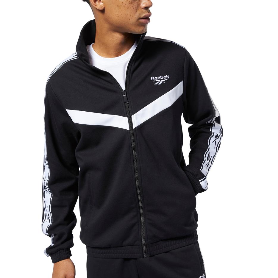 Reebok Retro Wytrzymała Kurtka Sportowa z Kołnierzem Stojącym na Zamek Błyskawiczny z Długim Rękawem Kurtki Unisex FP8784-CZARNOBIAŁY