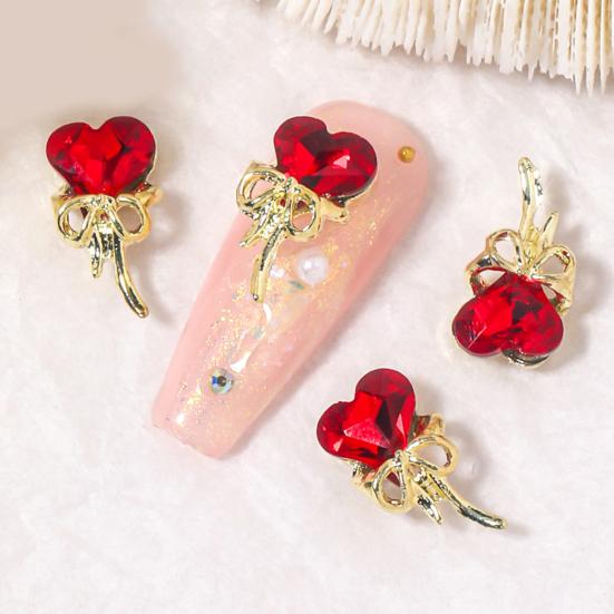 Yousheng 10Pcs/Set Nail Art Charm Golden Bowknot 3D Alloy Luxury Cute DIY Solid Colored Rhinestone Love Heart Nail Decoration Salon Home Use