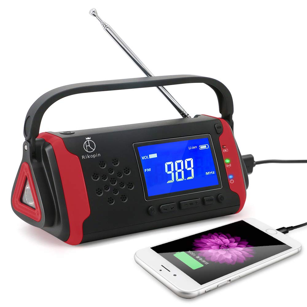 Rikopin Portable Recommended by Disaster Preparedness Emergency Radio with Wide FM LED Smartphone Earphone Jack Mini IPX3 USB Solar Hand Crank AAA