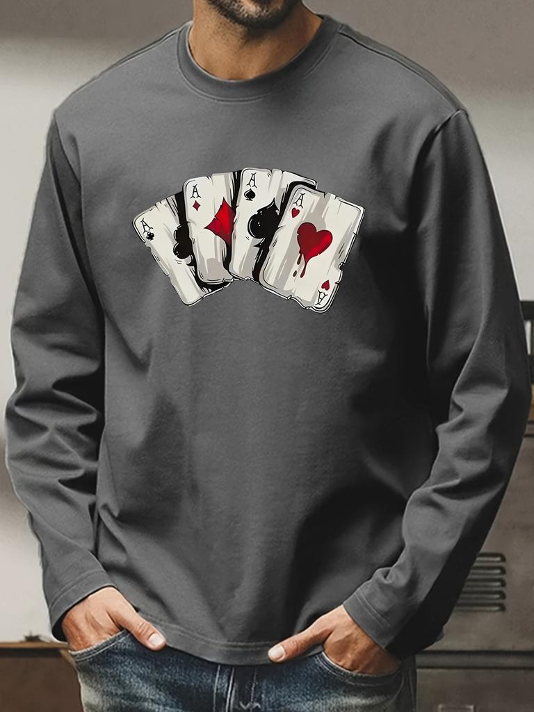 Men's Loose and Comfortable Casual Sports Poker Card Pattern Printed Round Neck Long Sleeved T-shirt Top