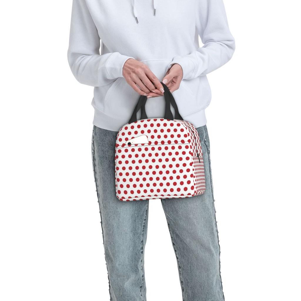 Red Polka Dot On White Insulated Lunch Bag for Women Children Leakproof Food Boxes Thermal Lunch Box Tote