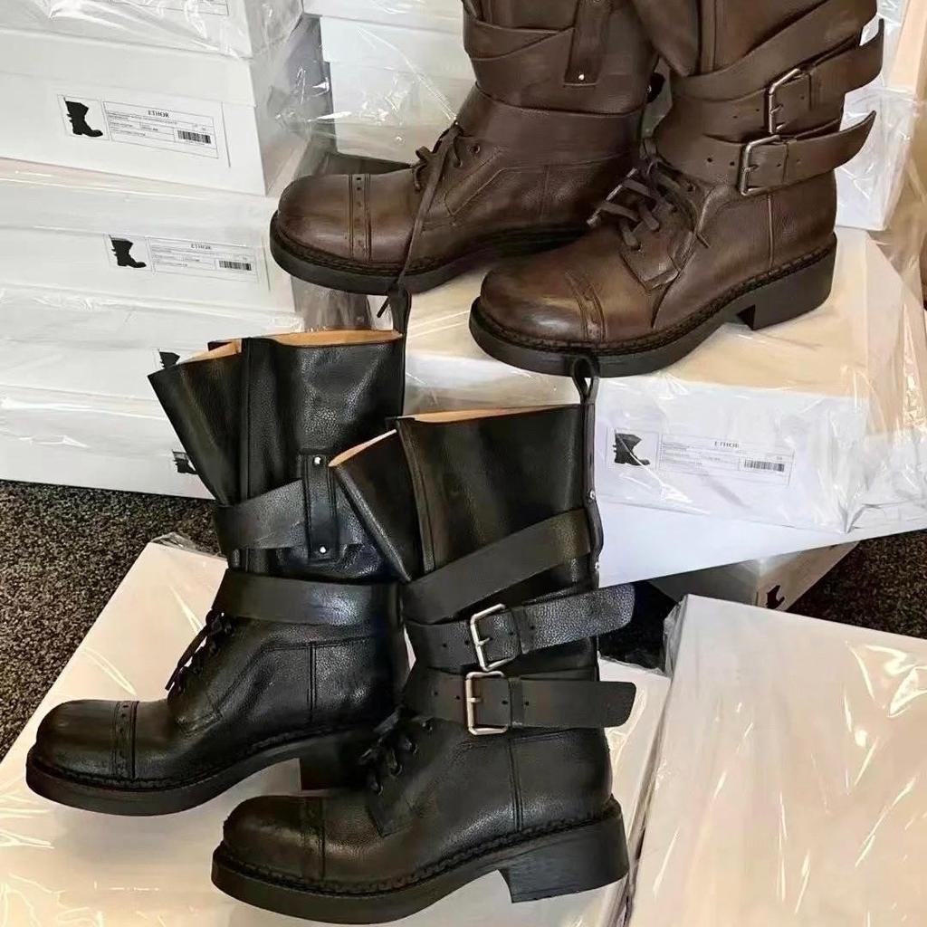 Cowhide version retro British Martin boots women's new thick heel belt buckle short boots thin locomotive boots versatile single boots