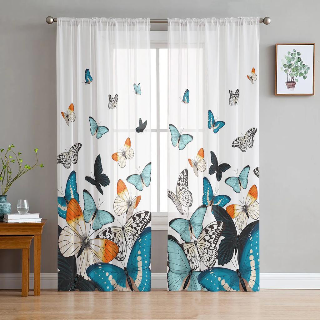 Flower Butterfly Blue Sheer Drapes Living Room Window Curtains For Bedroom Kitchen Home Decoration Curtain Panels