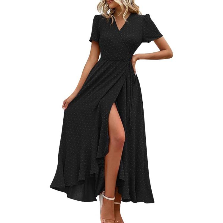 Sexy V Neck Wrap Waist Maxi Dress Women Summer Fashion A-Line Side Slit Long Casual Dress Comfortable Solid Color Short Sleeve