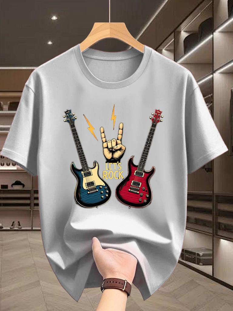 LETS ROCK Guitar Print Unisex WoUnisex Summer Fashion Tshirt Rock Music Graphic Cotton Short Sleeve Tee Casual Tops
