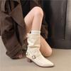 Fashion Women's Block Heel Single Boots Autumn New Pointed Toe Metal Buckle Anti-slip Wear-resistant Mid-leg Boots