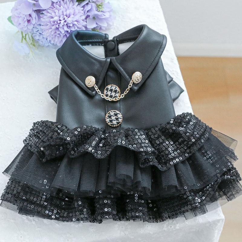 Black PU Dog Clothes Winter Luxury Leather Costume Clothing Warm Coat For Small Dogs Chiwawa Sequins Tulle Skirt Coats Jacket XS