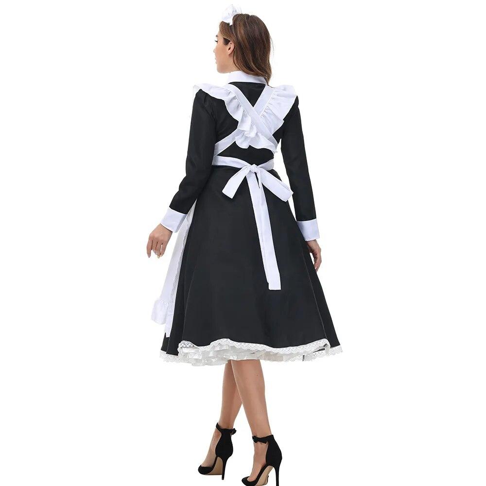 Women Adult Maid Cosplay Costume Outfit Clubwear Female Front Button Long Lolita Fancy Dress with Apron and Headpiece