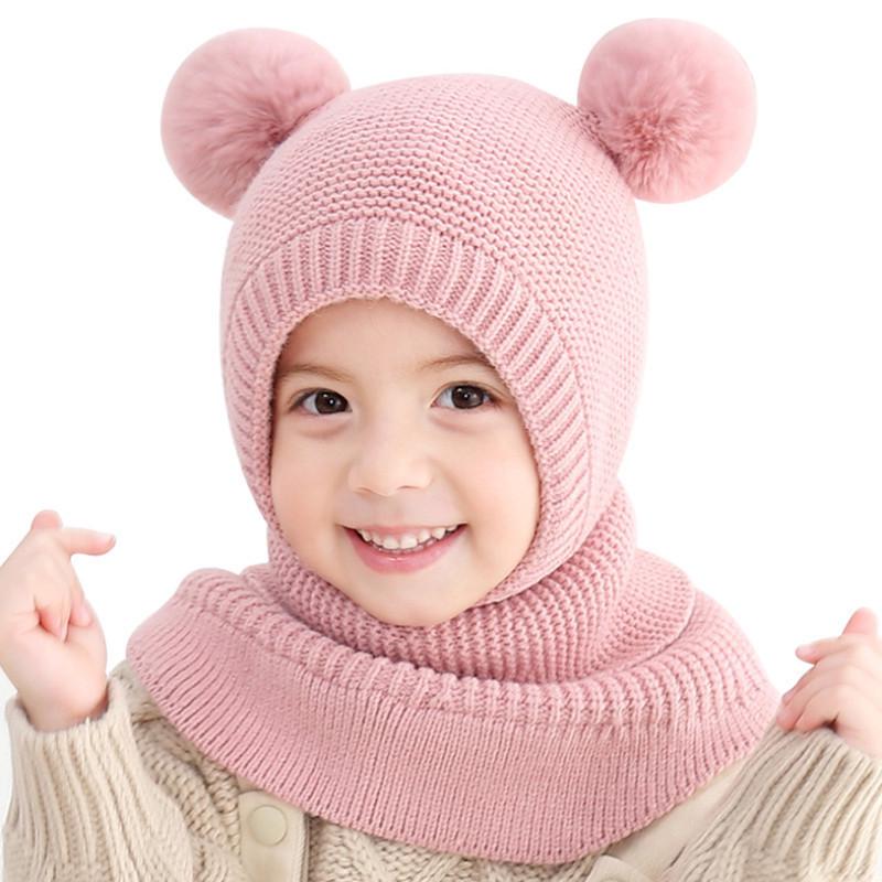 Koreaanse Stijl Kinder Dubbele Pompon Oorflappen Hoed & Eendelig Sjaal Set (Herfst/Winter 2025 Collectie)