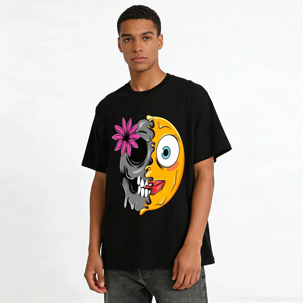 Half Skull And Tongue Out Emoji Print Trendy Casual Short Sleeve T-Shirt Pure cotton T-shirt
