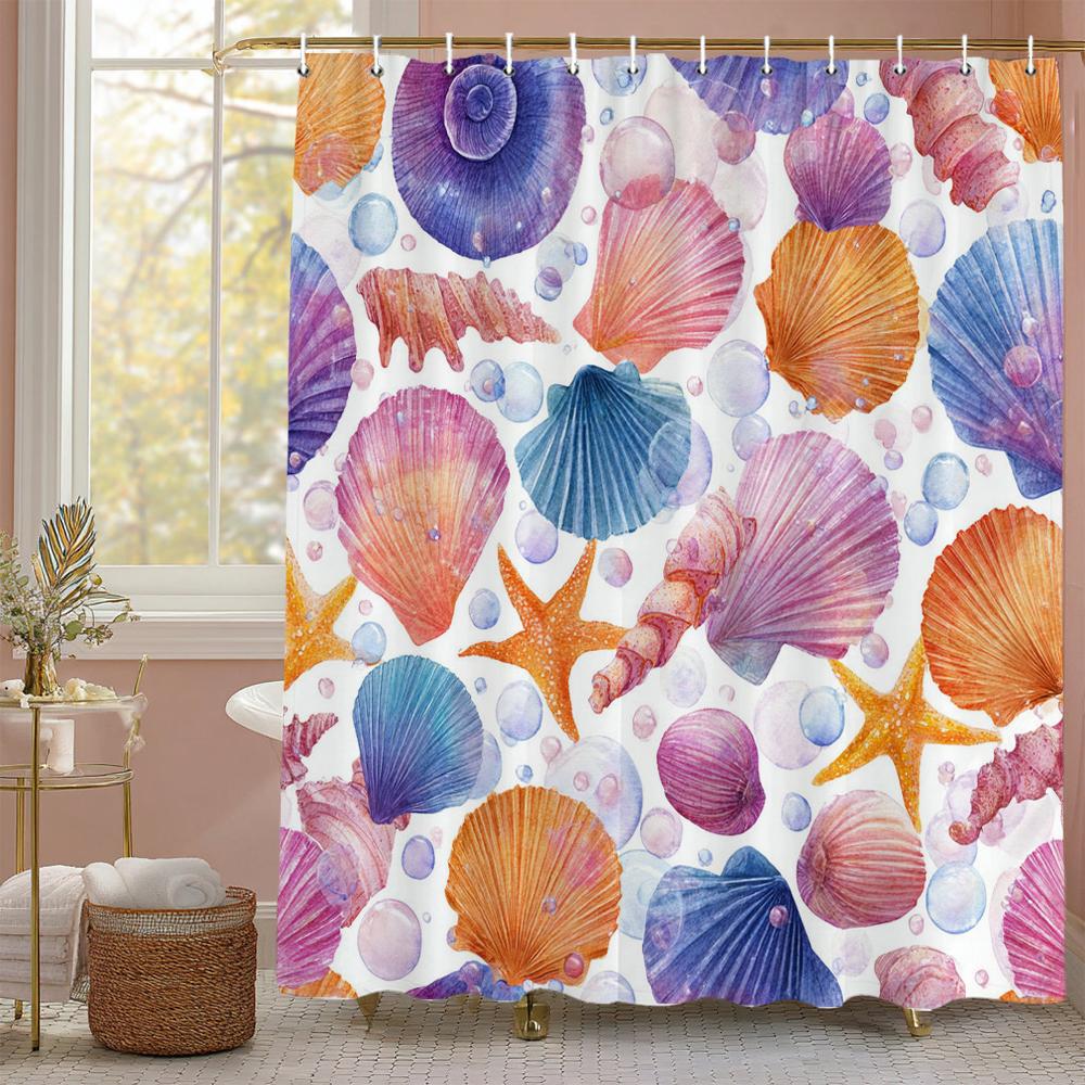 Modern Watercolour Shell Textured Ocean Blue Shower Curtain, Bathroom Decorative Shower Curtain, Printed Fabric With Hooks