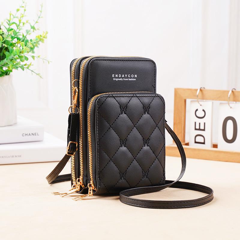 "Korean-Style Women's Fashionable Mini Crossbody Phone Bag – Solid Color, Three-Layer Zipper, Multifunctional, Simple Design Wallet"