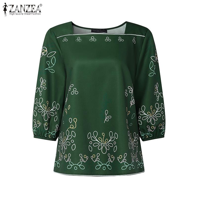 ZANZEA Women Square Neck Summer Casual 3/4 Sleeve Loose Print Blouse