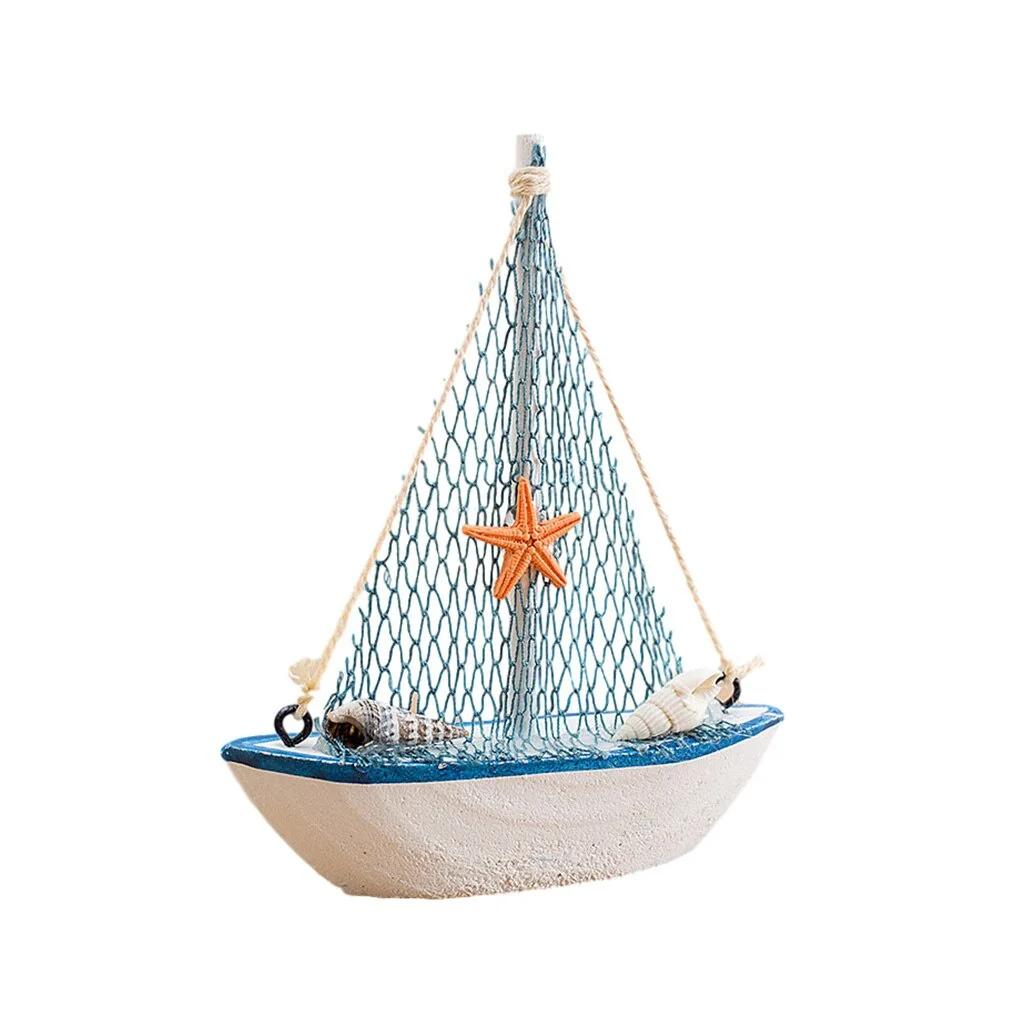 1Pc Mini Mediterranean Style Marine Nautical Wooden Blue Sailing Boat Ship Wood Crafts Ornaments Party Room Home Decoration