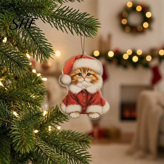 Christmas Gift Decorations Cute Cat Ornaments, 2D Wooden Cartoon Tree Hanging Decor for Winter Holiday Party Home Pendants Trees