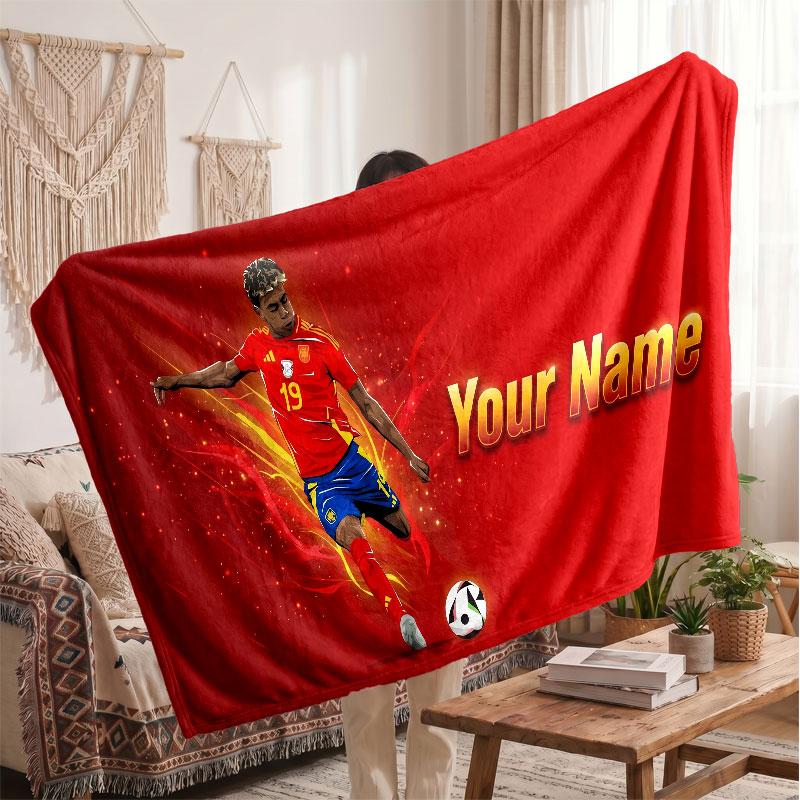 Coperta in pile personalizzata Lamine Yamal con logo del calcio, testo con nome personalizzato, morbida, calda, coperta da divano per la casa