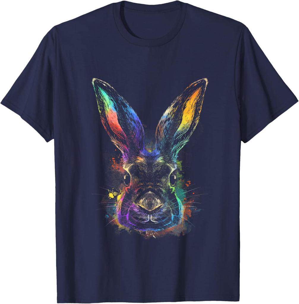 Colorful Rainbow Watercolor Rabbit Graphic Tee Men Casual Crew Neck Daily T-Shirt Easter