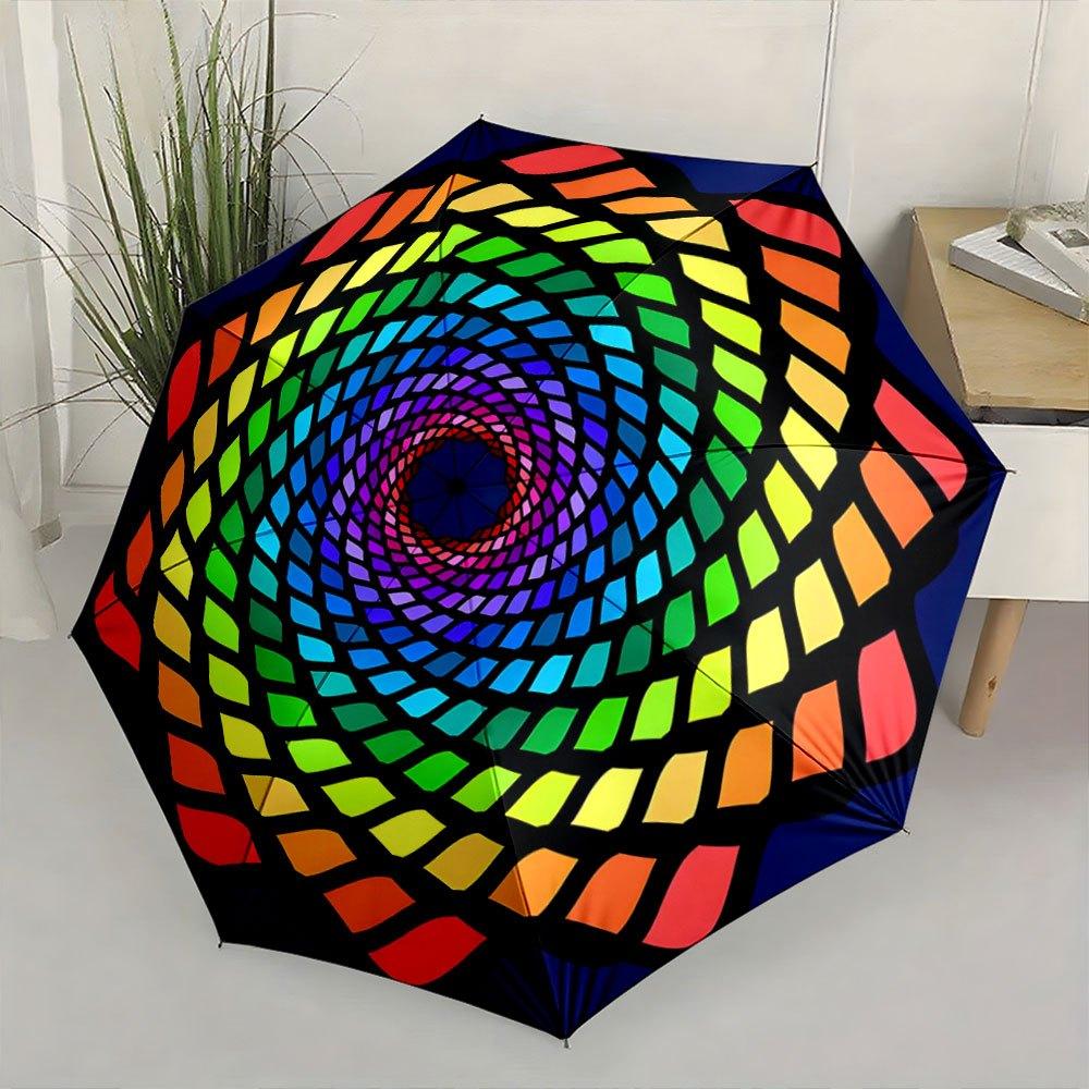 Automatic Folding Umbrella A Vibrant Rainbow Spiral Pattern with Interlocking Shapes. Portable Collapsible Design, Casual Outd
