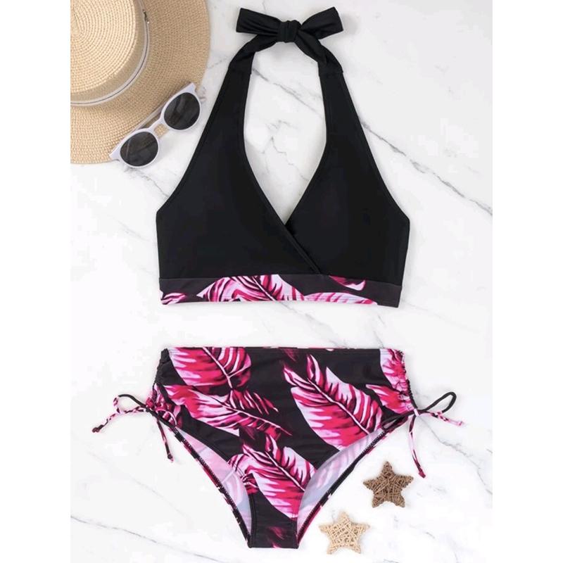 

Женский купальник пэчворк с принтом листьев, сексуальный комплект бикини с V-образным вырезом, купальник халтер без спинки, пуш-ап, со шнуровкой, пляжная одежда S розовый