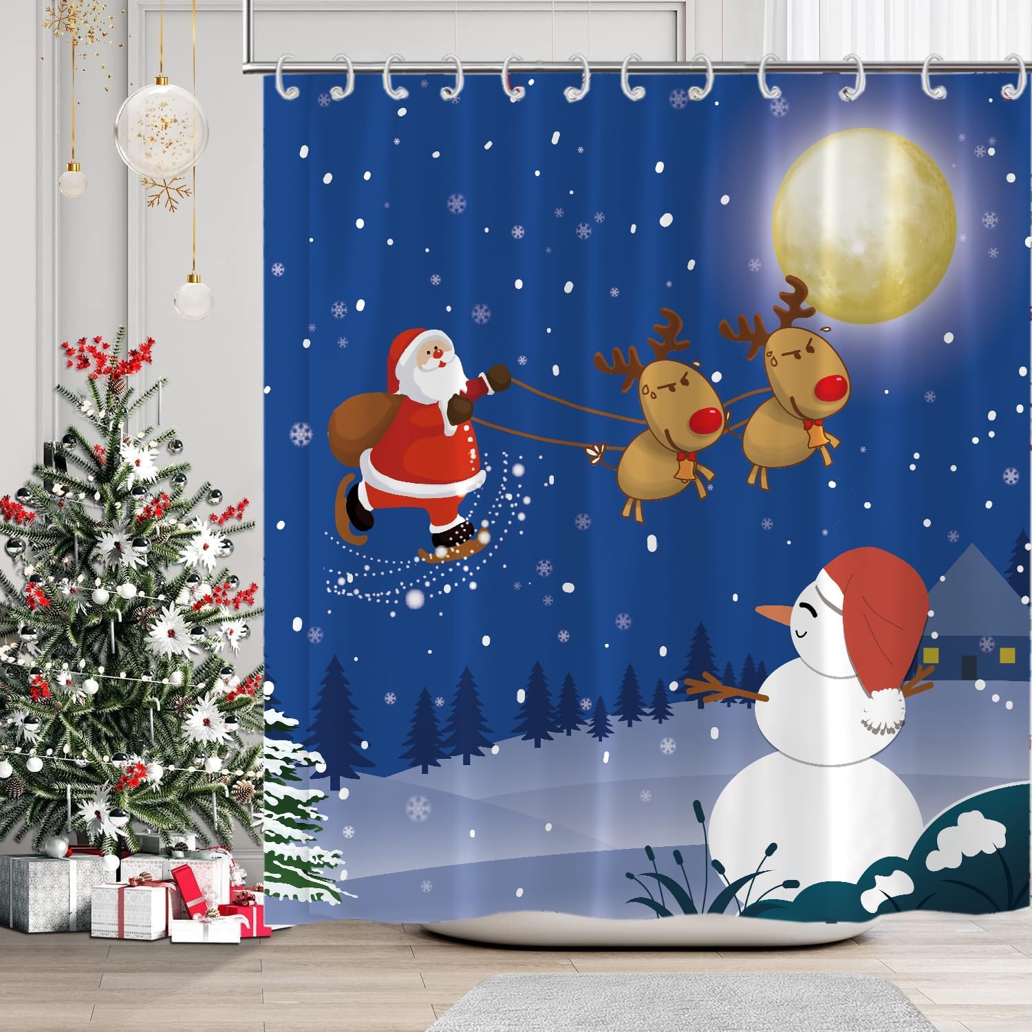 

Рождественские шторы для душа Merry Xmas Зеленая рождественская елка Зимний белый снег Золотые звезды Красный шарф Ванная комната Штора для душа Xmas W60H190(CM)-1 Pcs