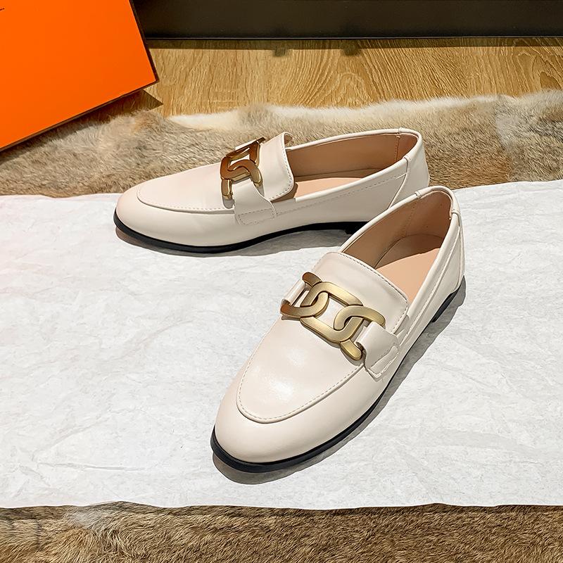 High Quality Leather Shoes Metal Chains Flat Women Round Toe Mules Spring Autumn Single Moccasins Female Comfy Slip On Loafers