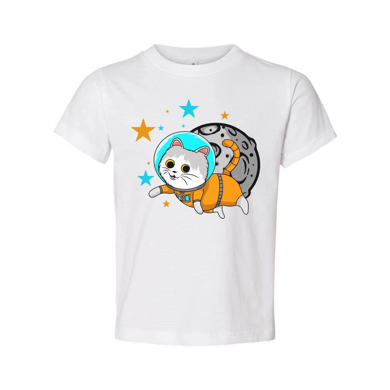 Space Cat Astronaut Cartoon Unisex T Shirt With Orange Spacesuit And Moon Backdr M