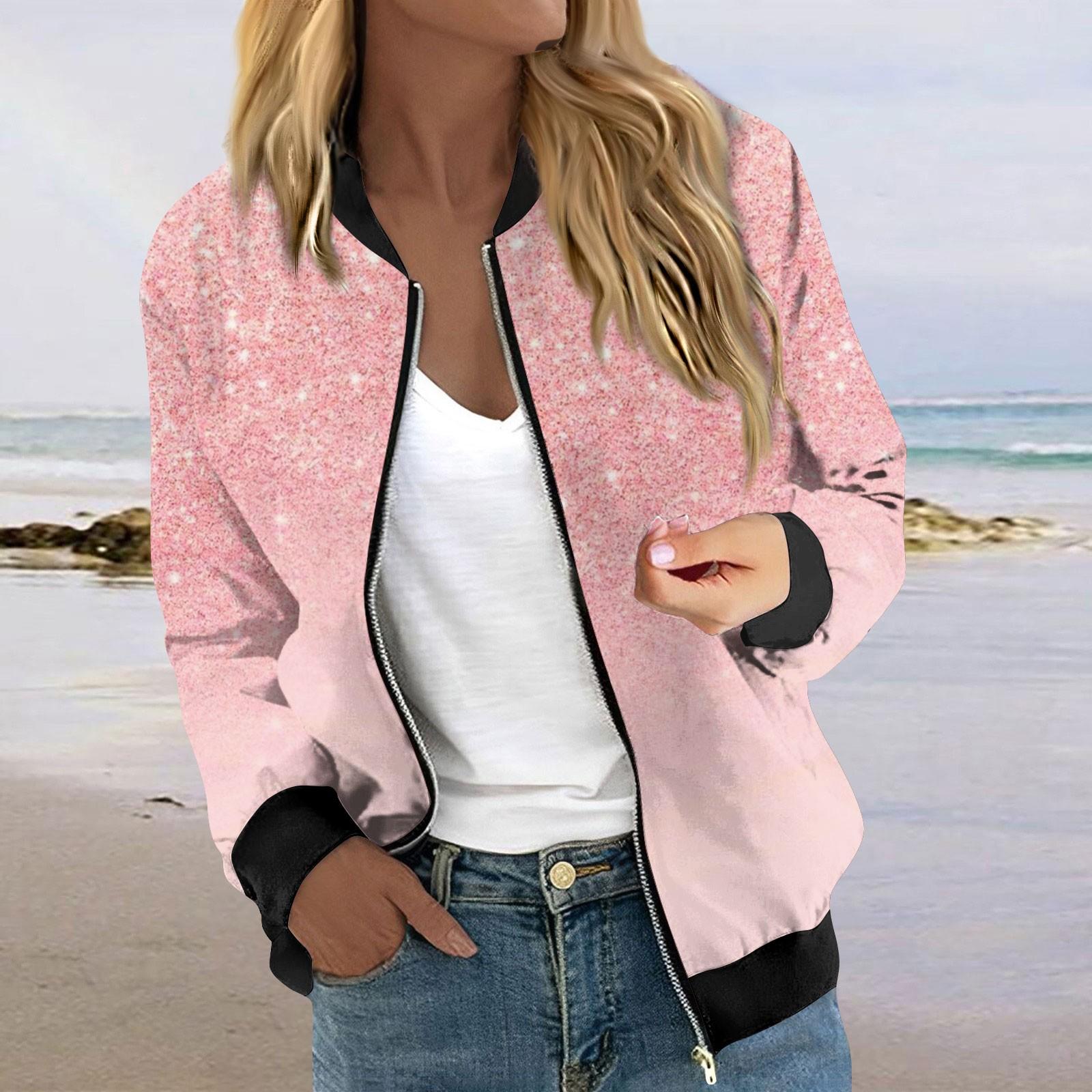

Куртки для женщин, легкие укороченные куртки с длинным рукавом на молнии, модная верхняя одежда с принтом, повседневные стеганые куртки с карманами L розовый