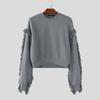 INCERUN Autumn Men Round Neck Long Sleeve Texture Tassel Hem Casual Cropped Pullover Tops