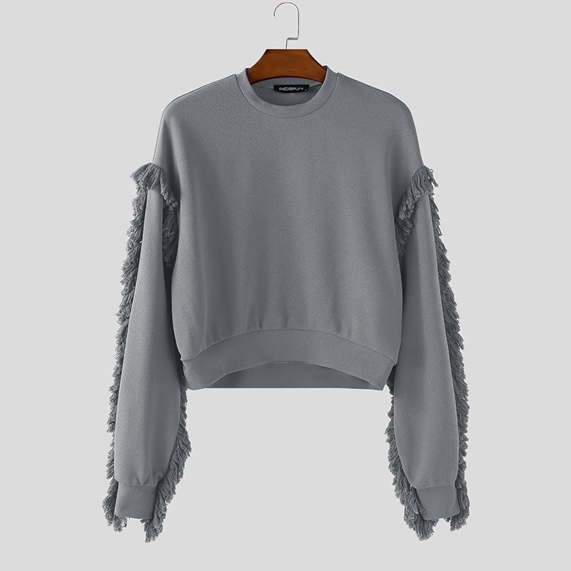 INCERUN Autumn Men Round Neck Long Sleeve Texture Tassel Hem Casual Cropped Pullover Tops