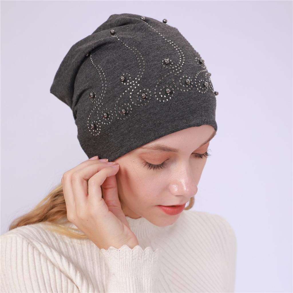 Autumn and Winter Men's and Women's Double Layer Pure Cotton Pearl Hot Diamond Pullover Hat Warm Confinement Hat Thin Casual Pile Hat