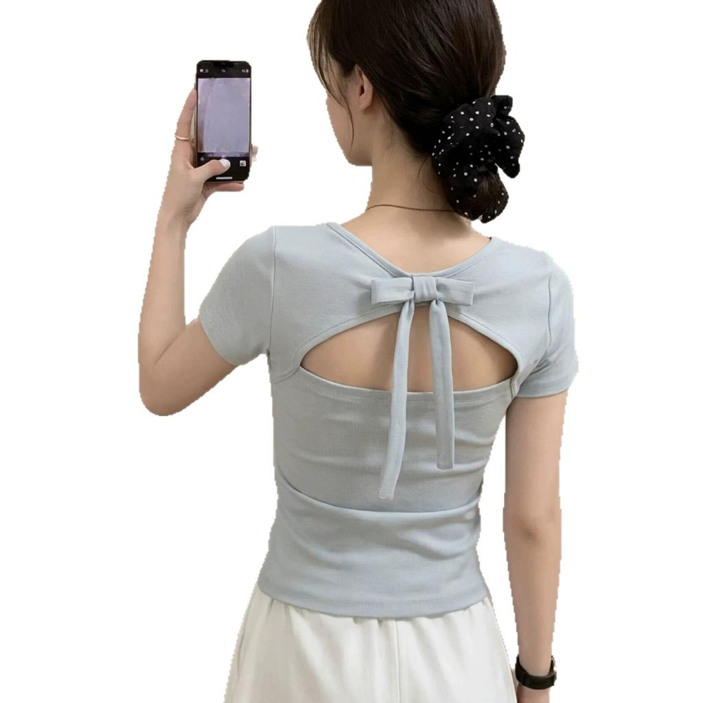 Gram Cotton, Design Bow Back Hollowed Out Front Shoulder Short-sleeved T-shirt Women's Summer Beautiful Unique Top
