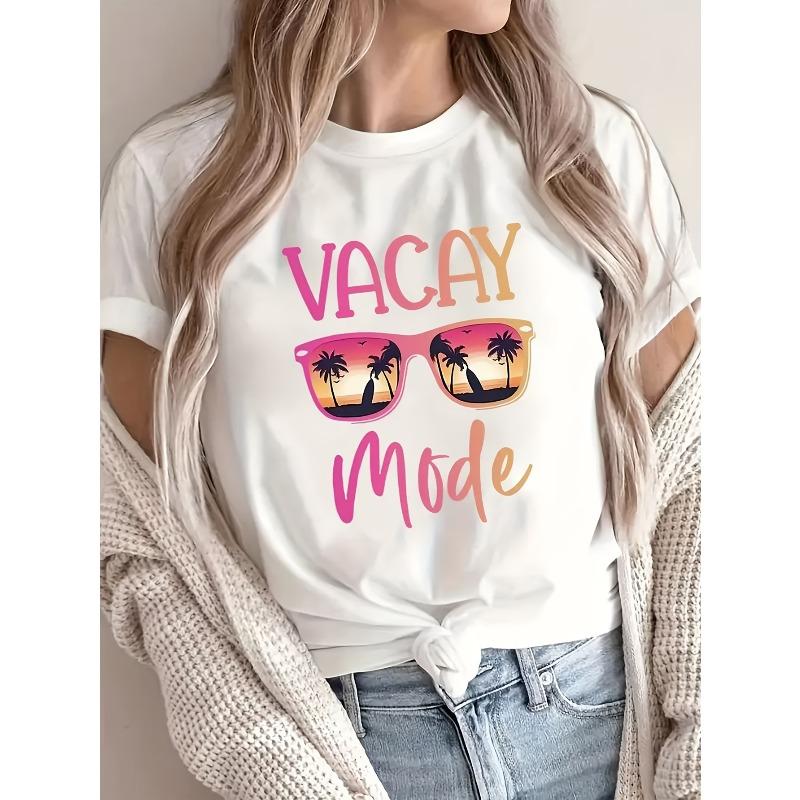 

European Size Summer and Spring Women s Short-sleeved Casual Top with Fashion Glasses Print, Round Neck T-shirt S белый