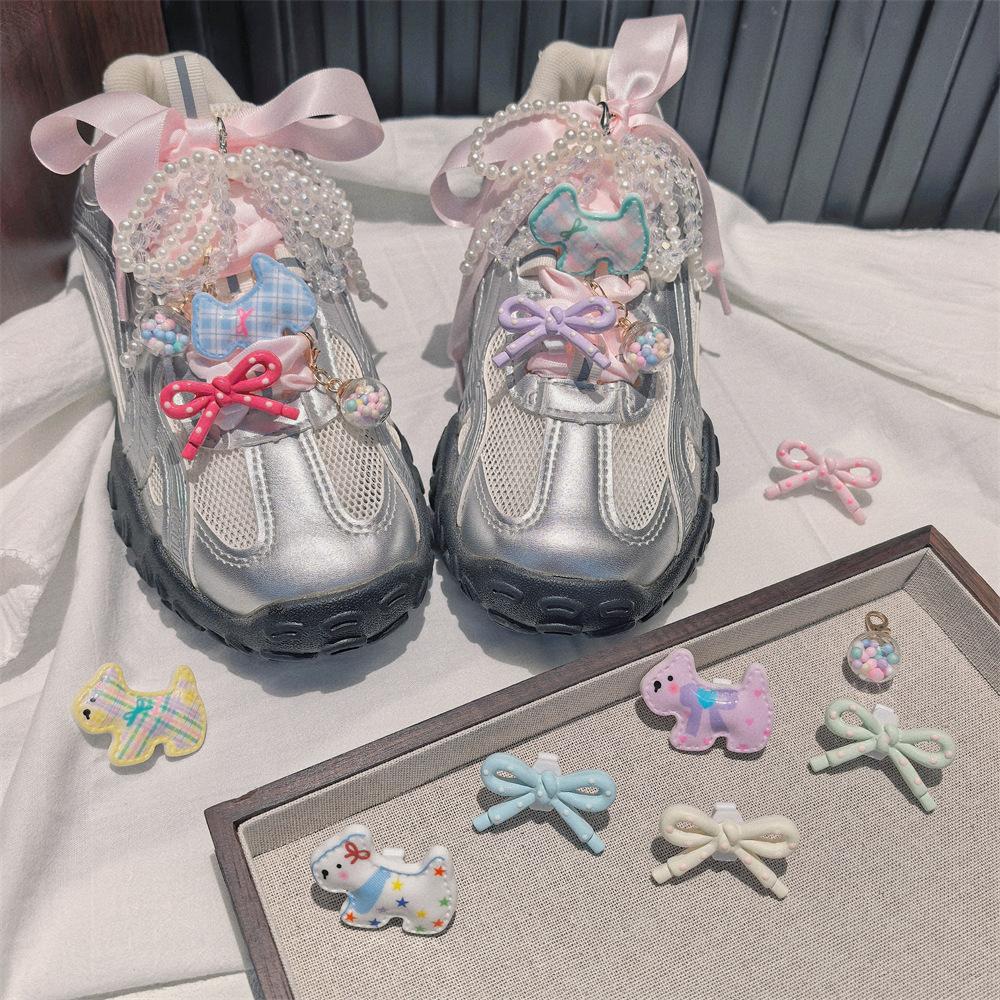 New dopamine Colorful bow Shoe laces Charms for Sneakers Cartoon Dog Shoe Decorations Charm Crystal Pearl Bow Shoes Accessories