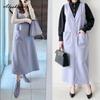Korean Fashion Autumn Winter Women Sundress V Neck Blue Woolen Midi Sleeveless Dress Warm Wool Tank Dress With Pockets