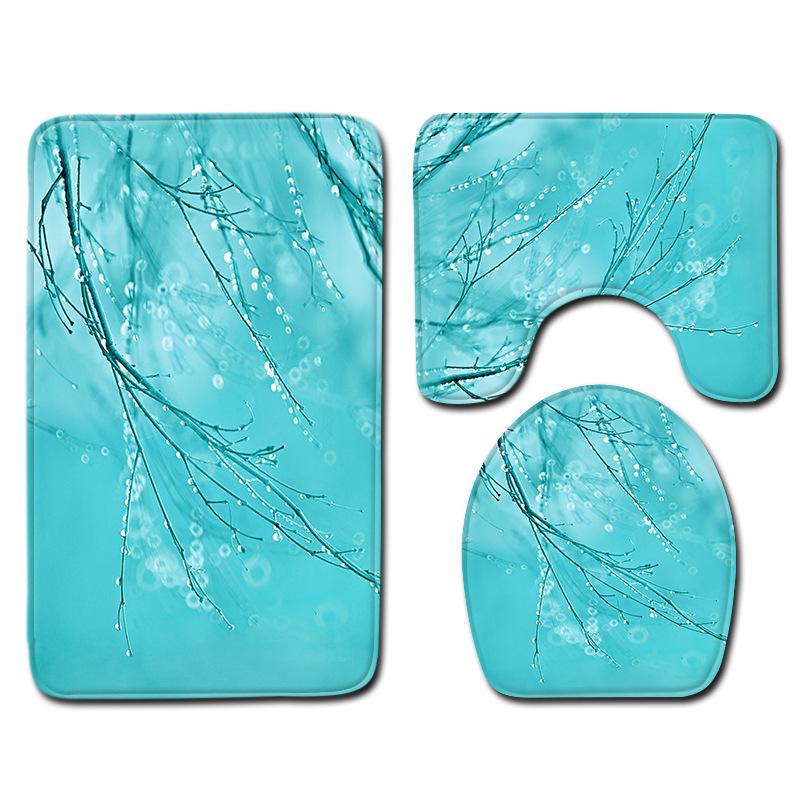 Toilet Three-Piece Bathroom Decorative Floor Mat Doormat Combination Water Drop Green Leaves Natural Scenery