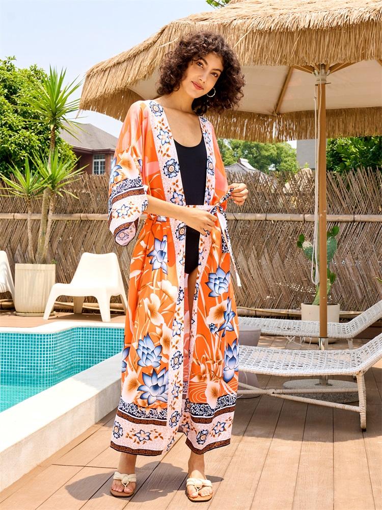 EDOLYNSA Bikini cu imprimeu boem Rochie kimono cu centură elegantă Tunica 2024 Vară Femei Marime mari Îmbrăcăminte de plajă Costum de baie acoperire Q996