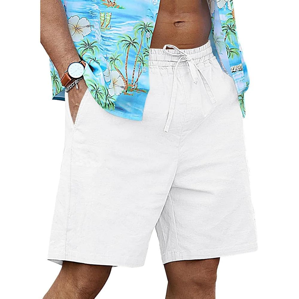 

Летние шорты из хлопка и льна для мужчин, отпускной пляжный стиль, повседневные, дышащие, легкие, с эластичной талией, короткие брюки, уютные брюки XXXL белый