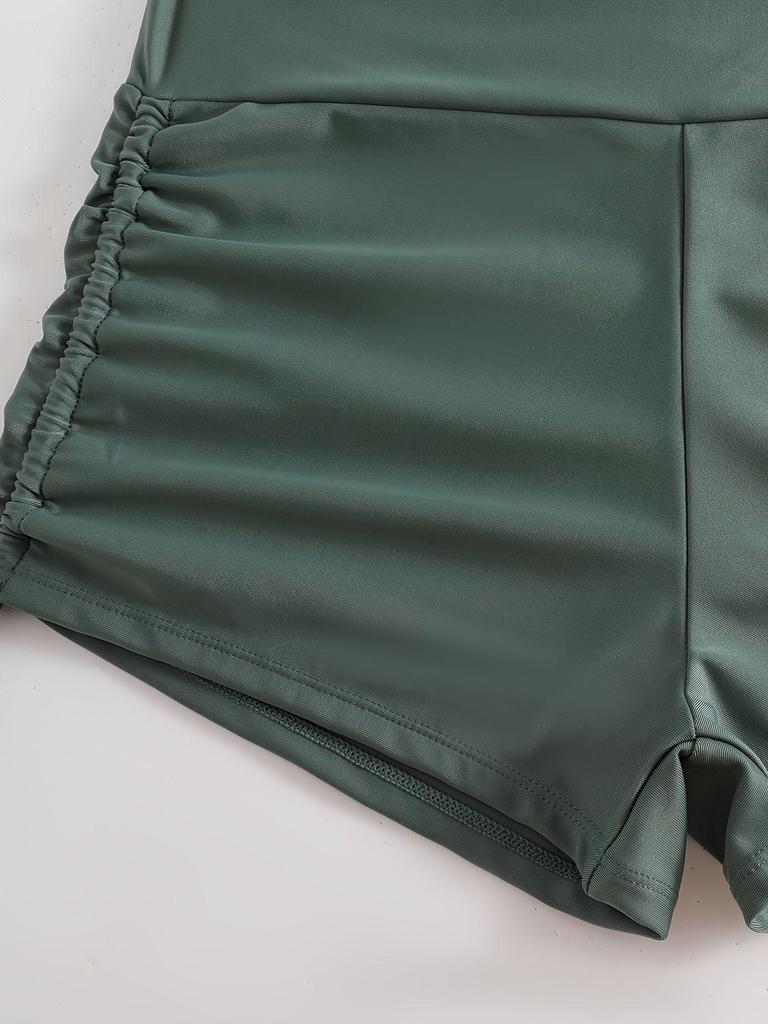 Plus Size Tie-Up Solid Color Bikini with Split and Flat Leg Swim Trunks (European & American Style, 2026)