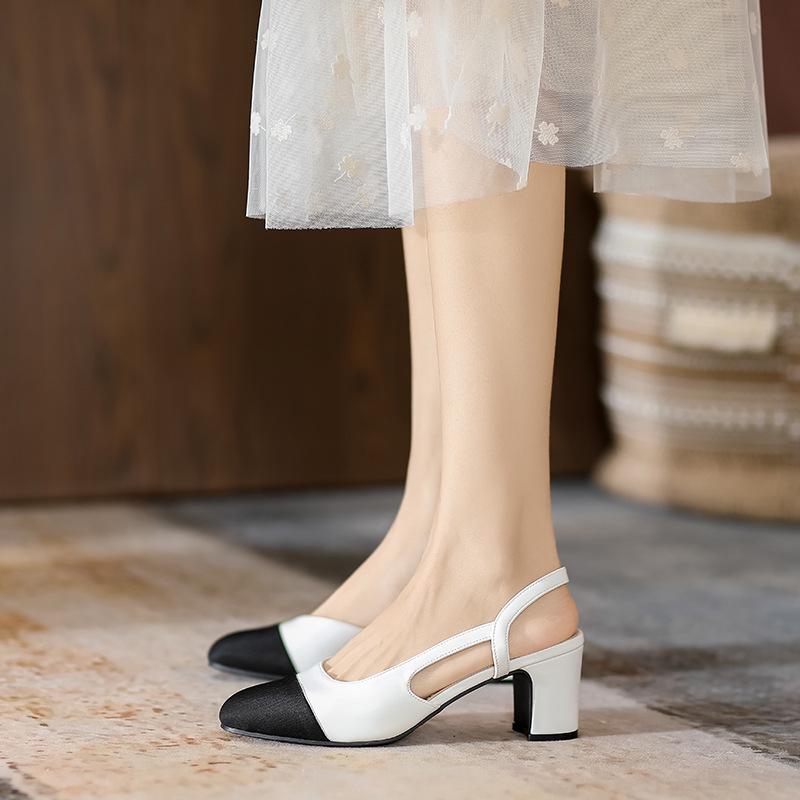 In Stock French Coco Style Soft Leather Color Block Low Cut Sandals - Women's Spring Mid and Thick Flat Heels