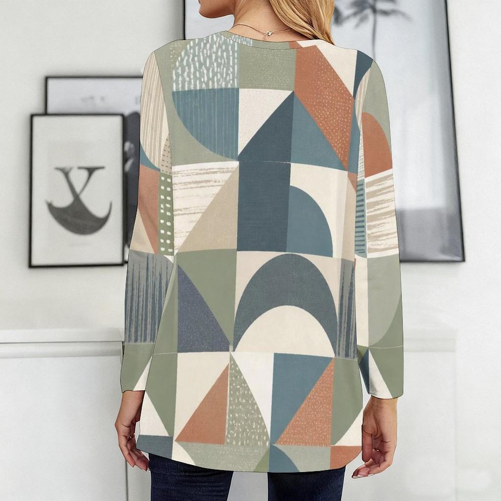 Women Plus Size Round Neck Long Sleeve Floral Plaid Printed Loose T Shirt With Pockets